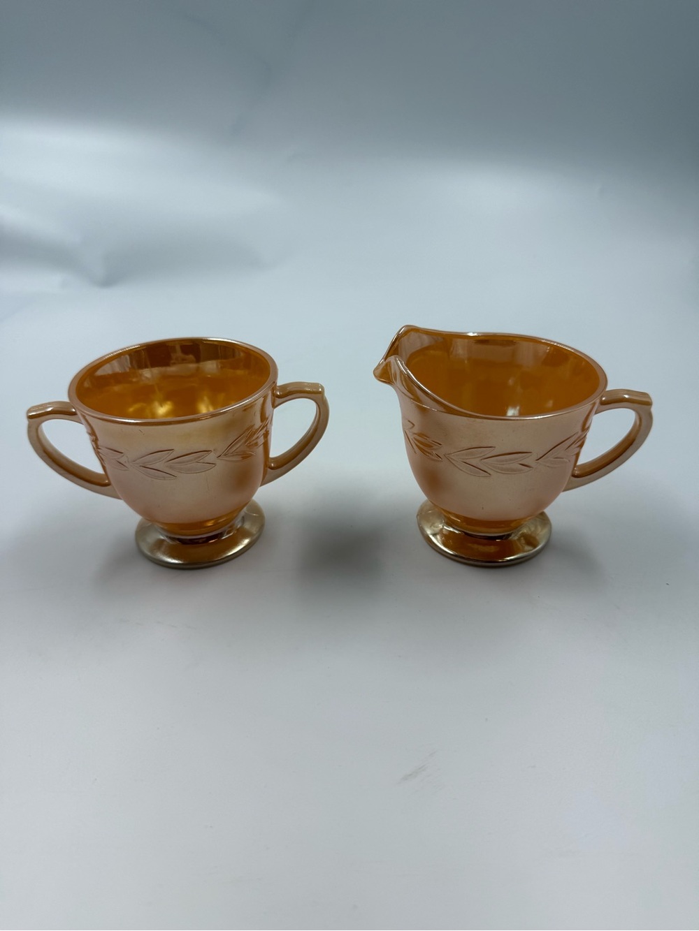 Vintage fire king peach lustreware sugar bowl & creamer